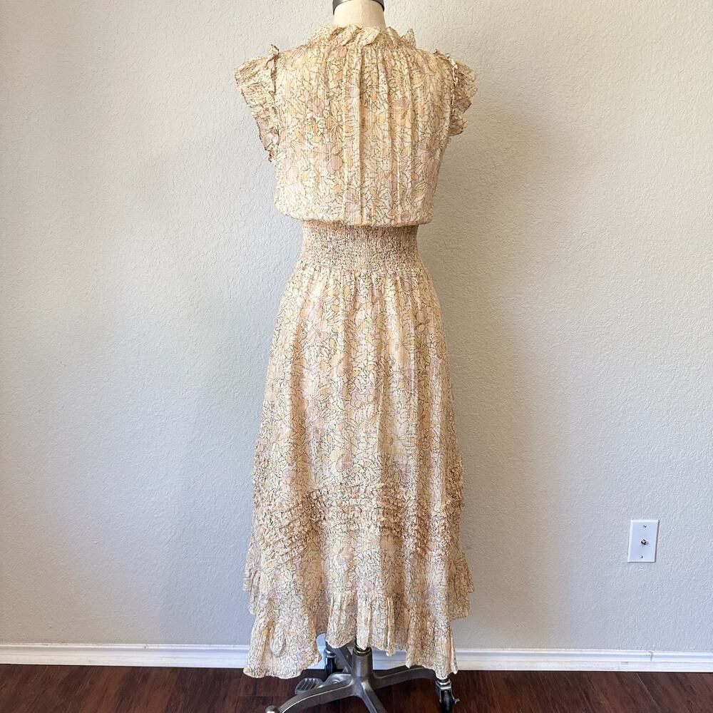 REBECCA TAYLOR Dress Cream Floral Silk Ruffled Smocked Metallic Party - Picture 2 of 12